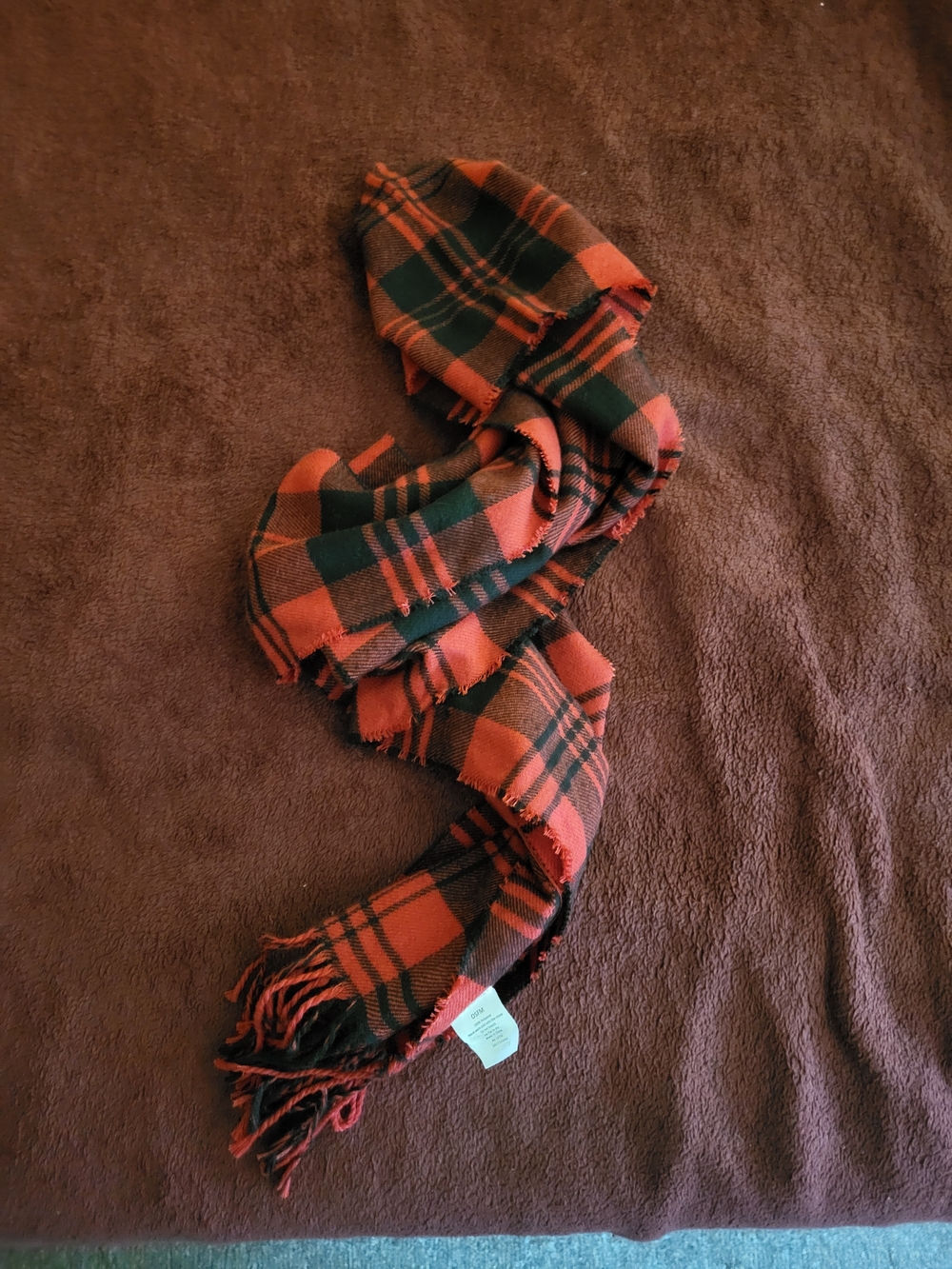 Plaid Orange and Dark Green Fringe Scarf - Women’s Winter Wrap